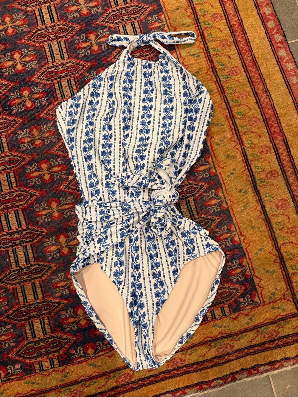 Hermoza Blue & White Floral Stripe Halter One-Piece Swimsuit Size 10 - Picture 2 of 4